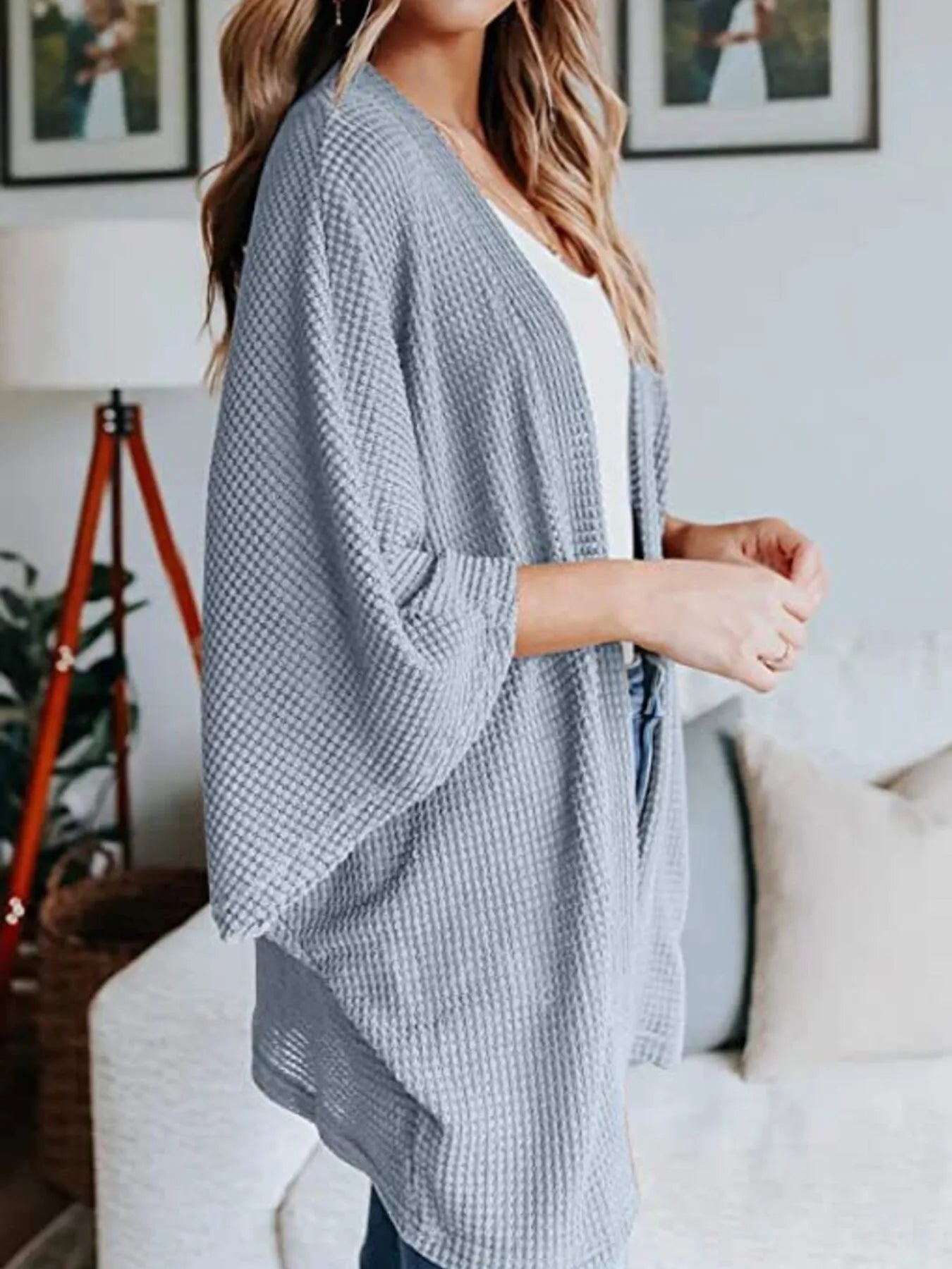 Open front waffle knit cardigan, blue-grey, dolman sleeves, relaxed plus size fit