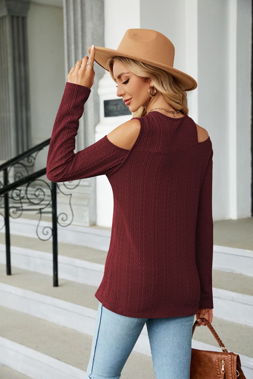 Wine cold-shoulder long sleeve blouse with dropped shoulders, back view