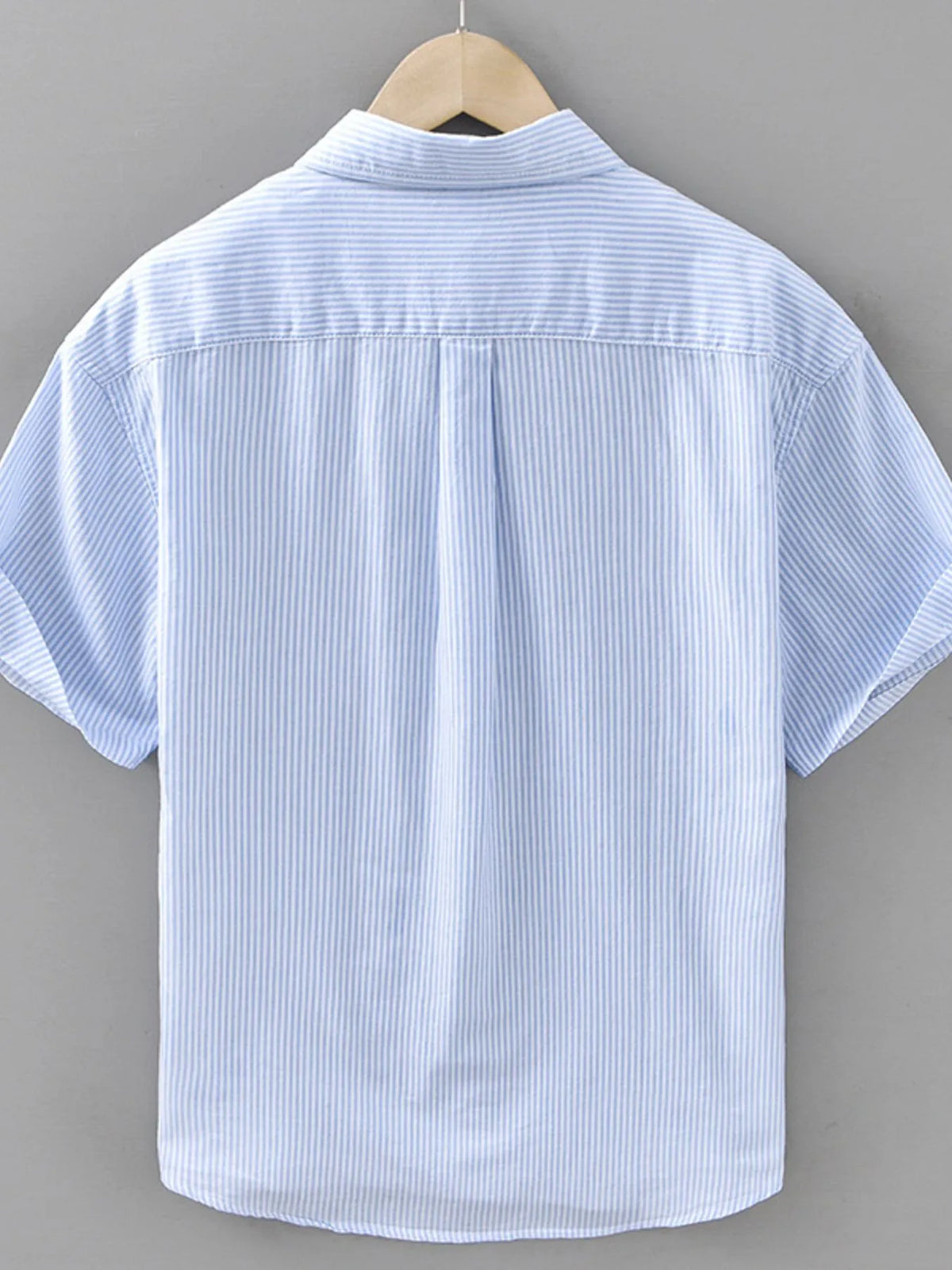 Mens blue striped short-sleeve button-up cotton shirt, back view