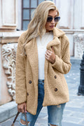 Sherpa coat with lapel collar, double-breasted button front, tan/beige textured fleece.
