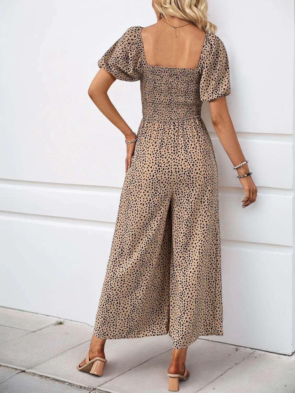 Printed square-neck puff-sleeve jumpsuit, tan speckle print, open square back, wide legs