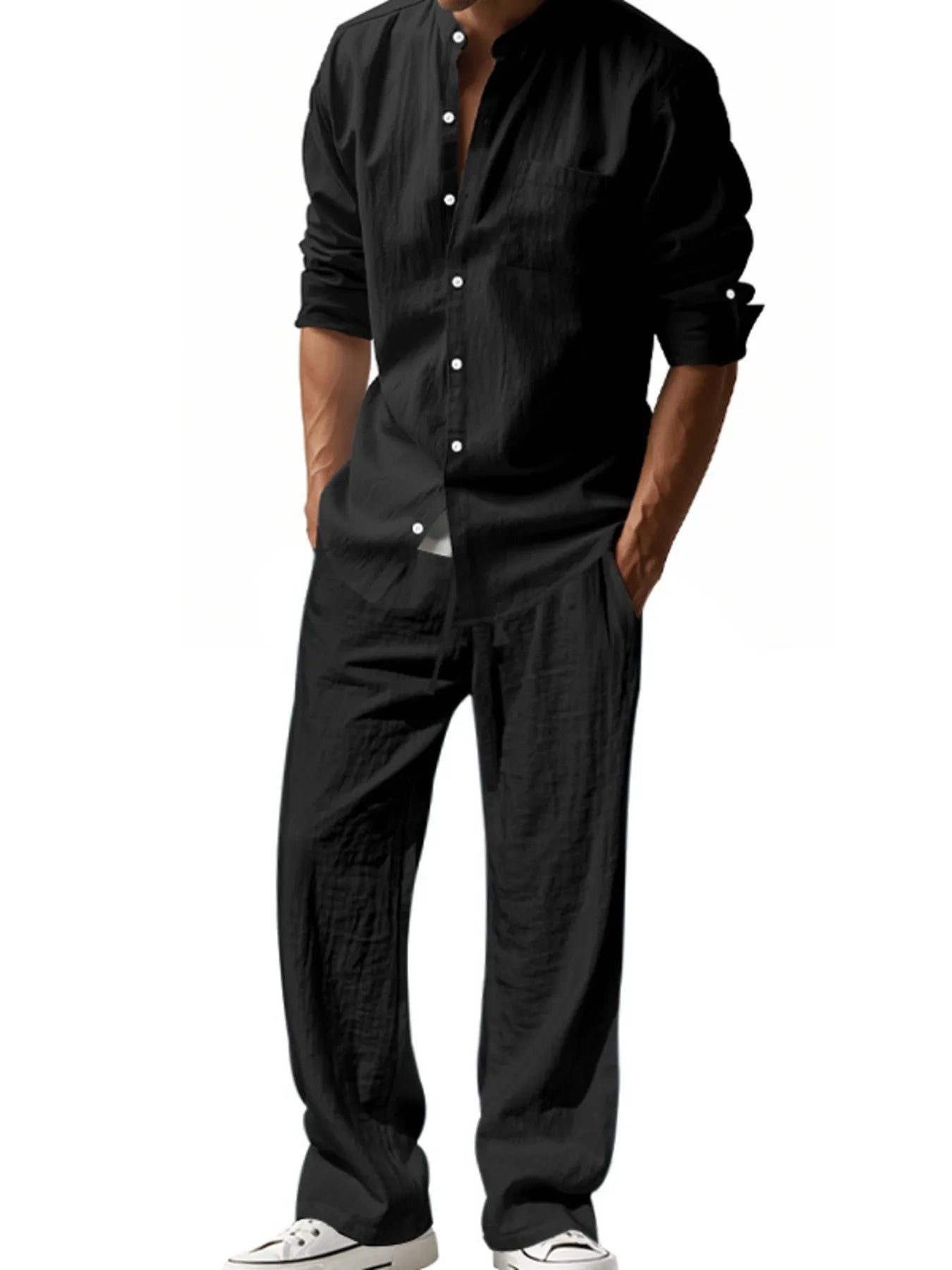 Black button-up shirt and pants set, back view with 3/4 sleeves and front buttons