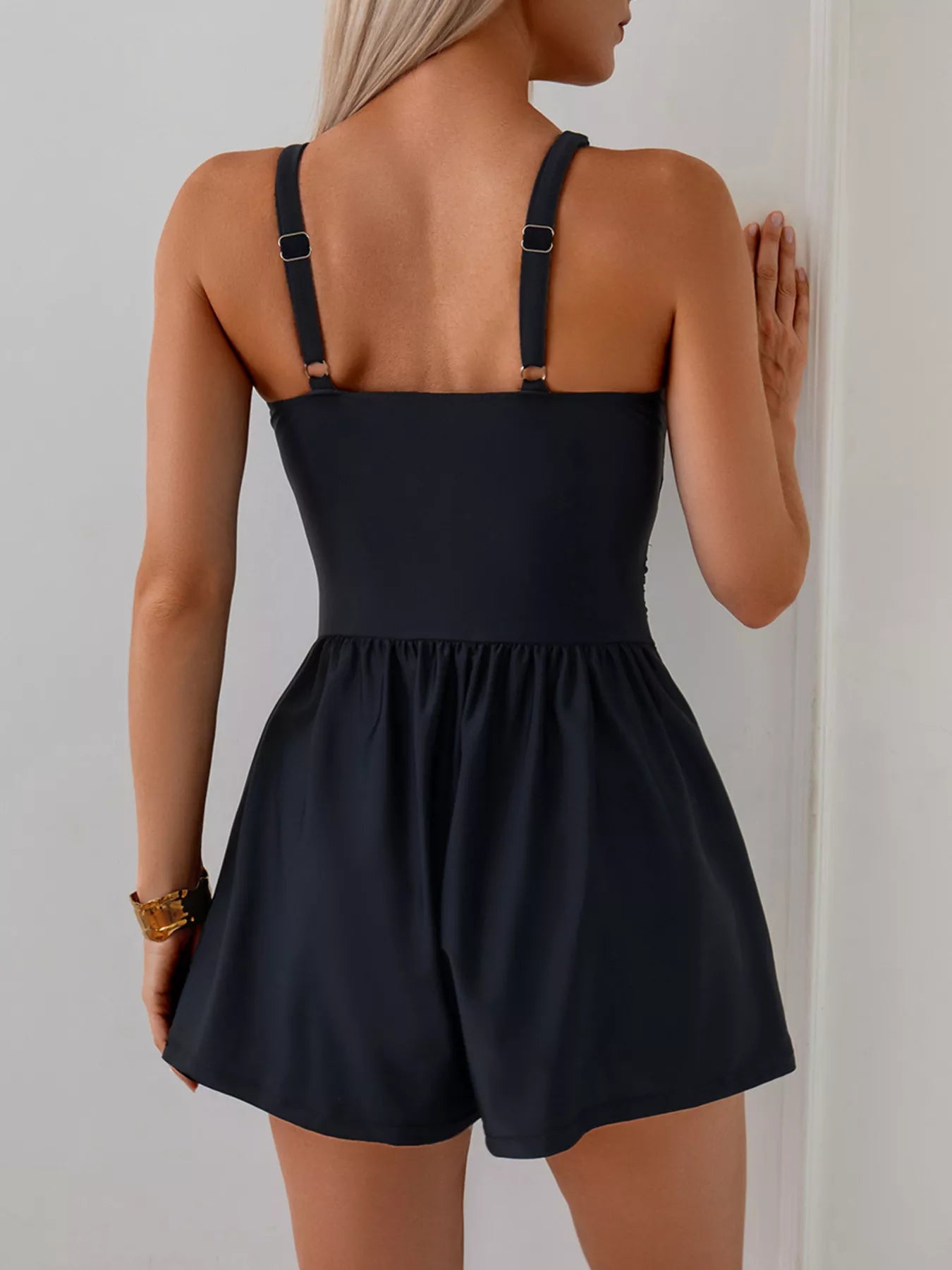 V-Neck Spaghetti Strap One-Piece Swimsuit in black with adjustable straps