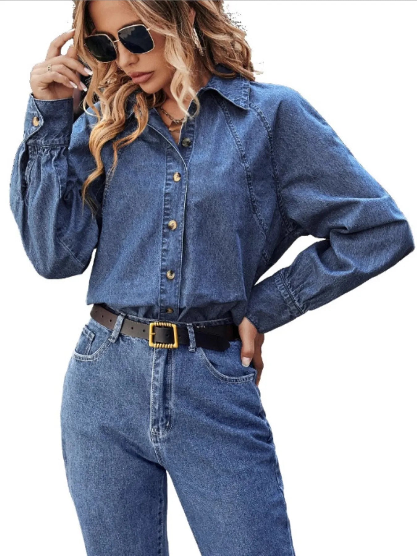 Blue denim button-up long sleeve shirt with pointed collar and chest button pockets