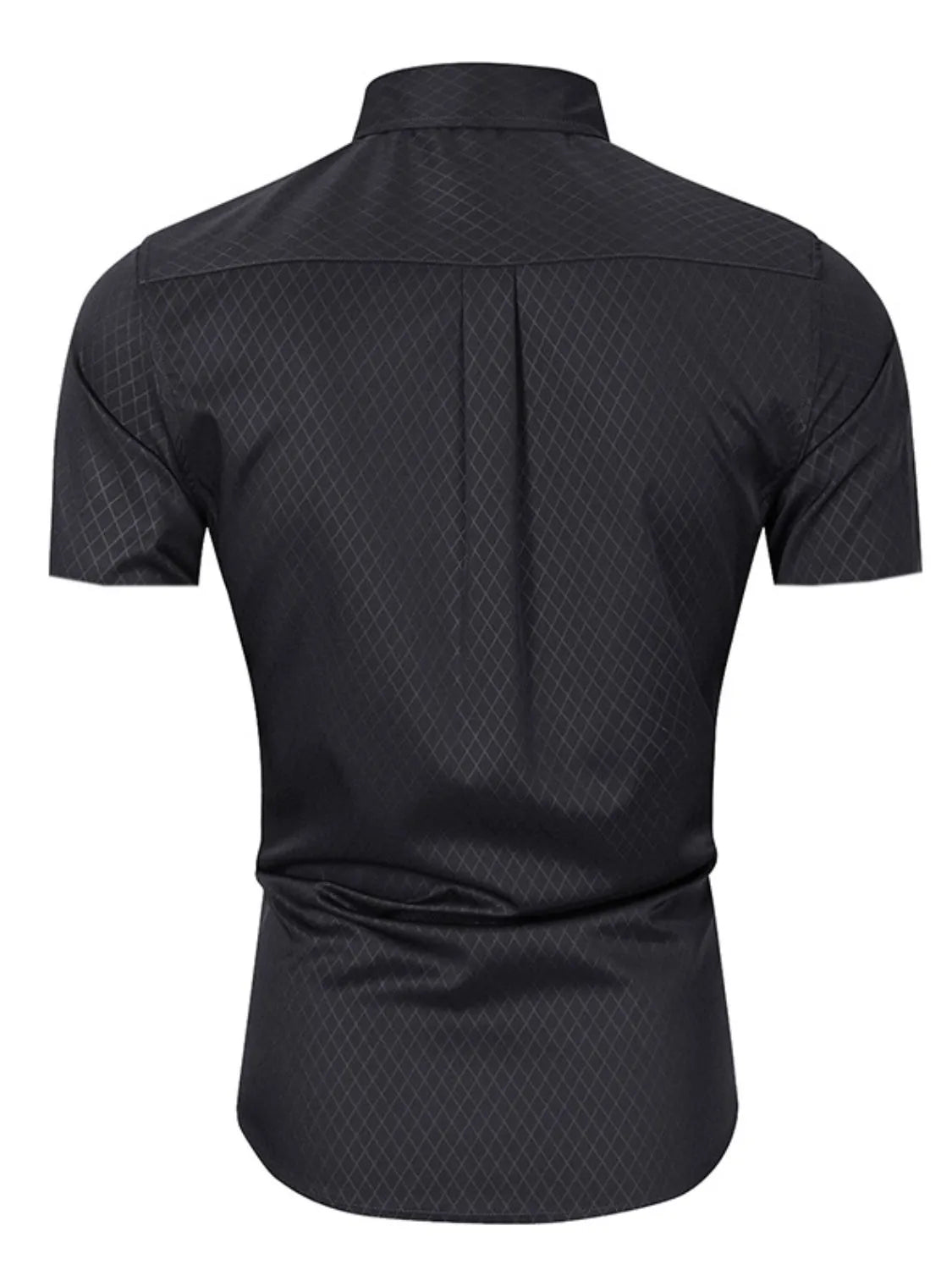 Men's collared short-sleeve shirt, back view in black micro-pattern fabric.