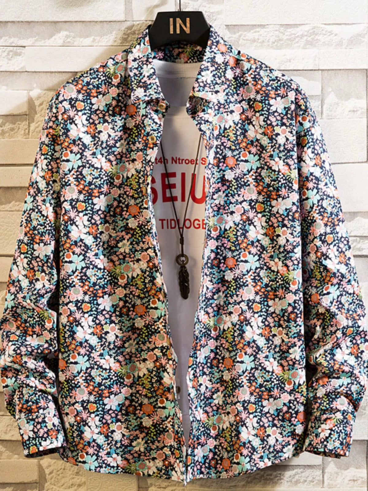 Men's button-up stretch shirt with multicolor floral print, long sleeves