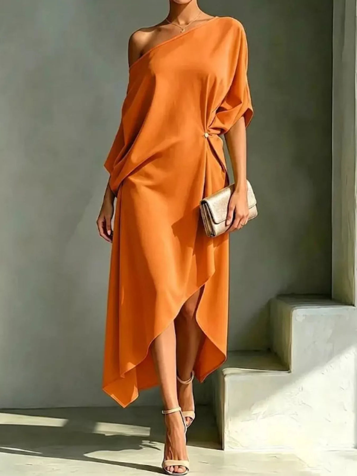 Orange one-shoulder ruched asymmetric midi dress with draped side and center rosette