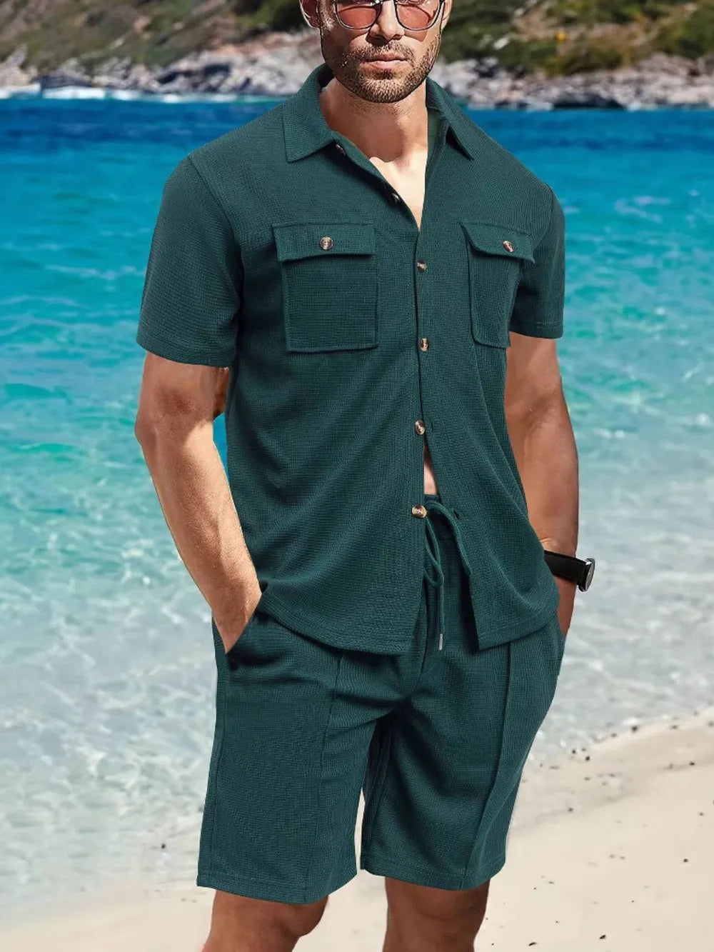 Men's short-sleeve button-down and shorts set in deep teal; chest pockets, button front