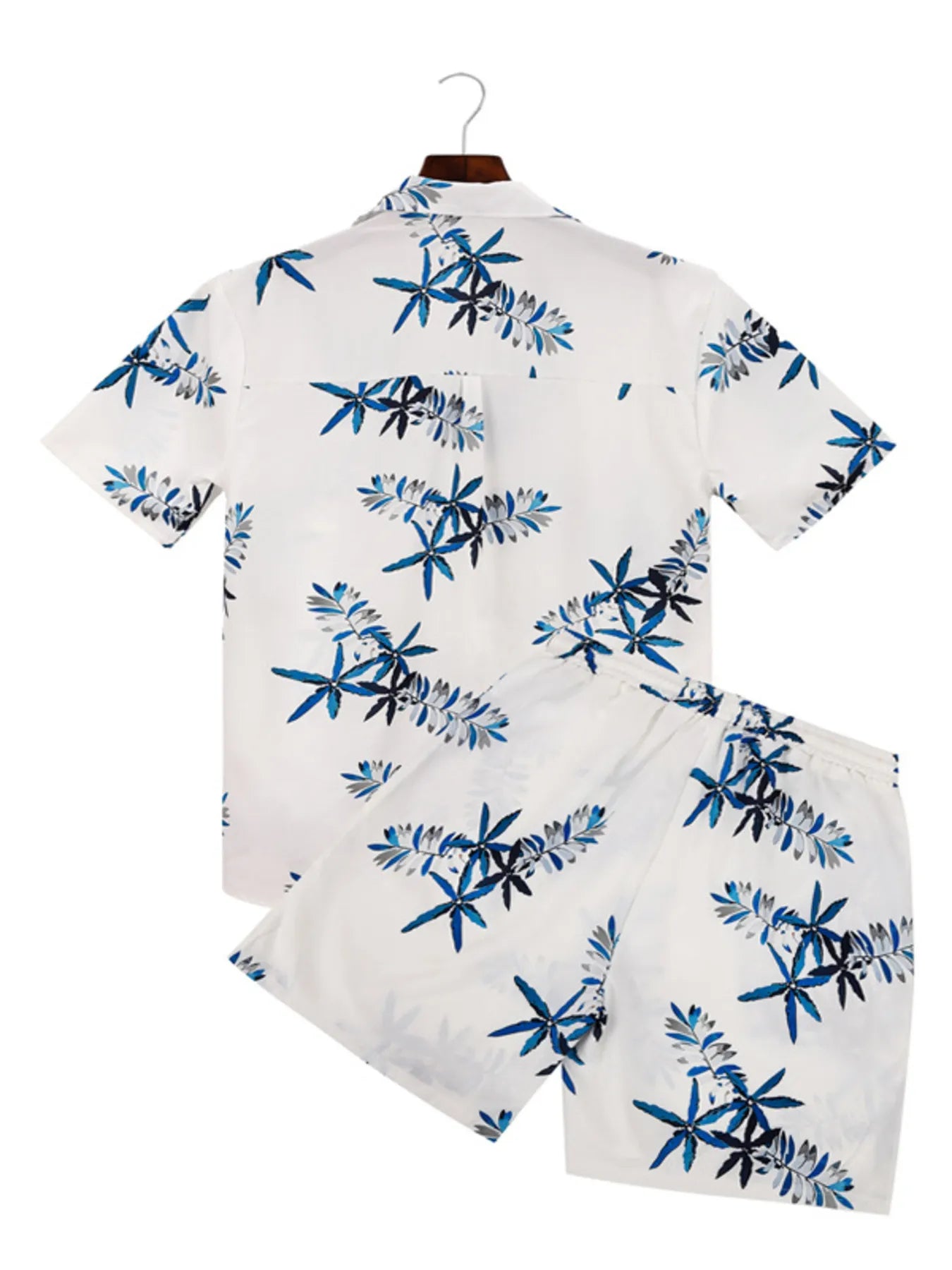 Printed button-up shirt and shorts set, white with blue floral pattern, back