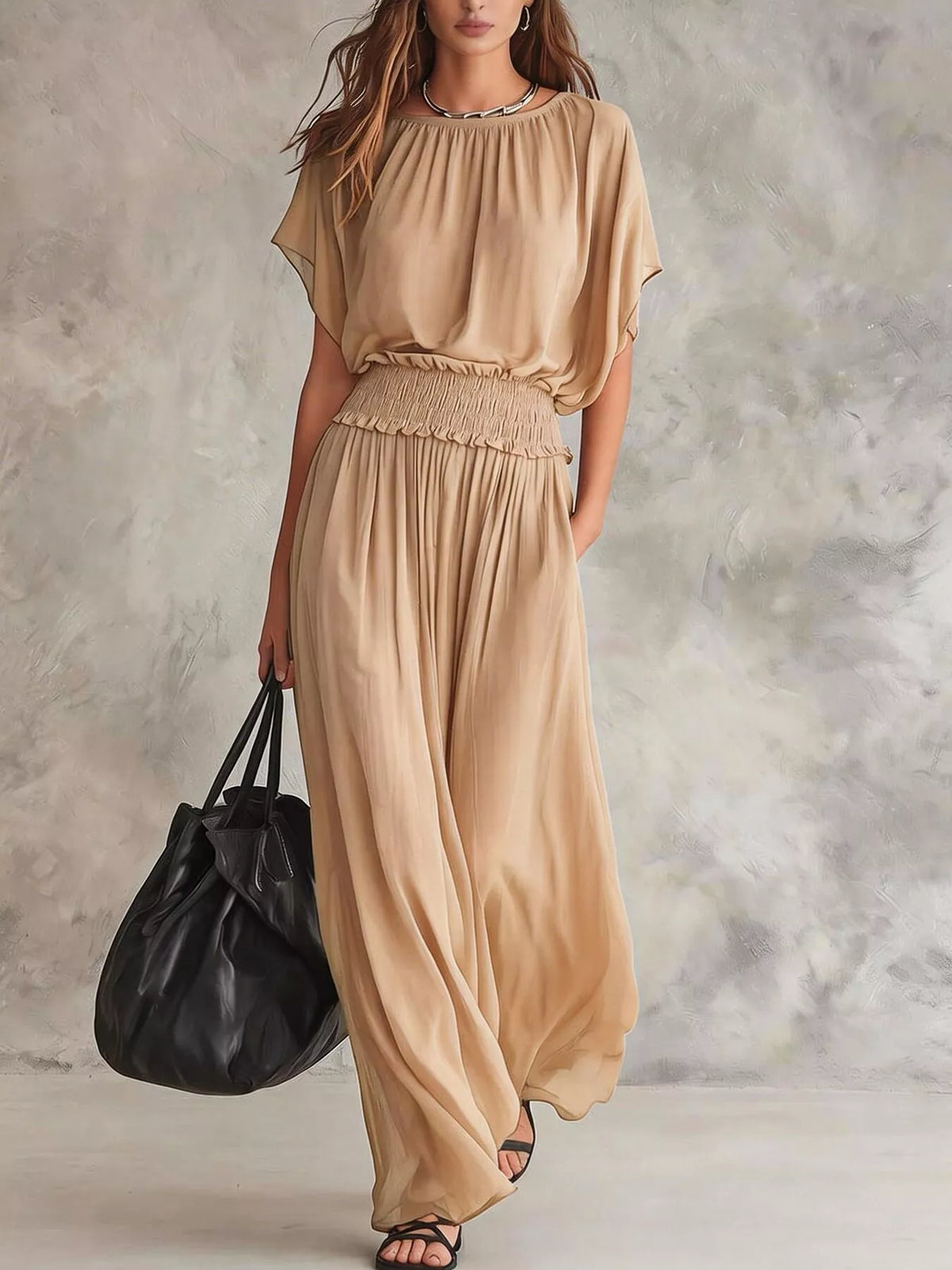 Tan chiffon maxi dress with smocked waist and flutter sleeves, gathered neckline