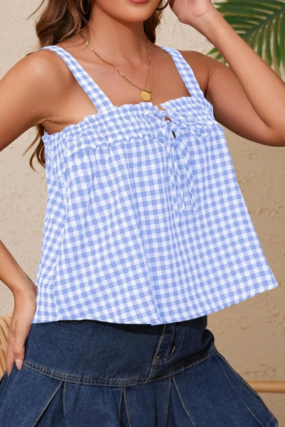 Blue gingham square-neck cami with ruffled yoke and buttoned front