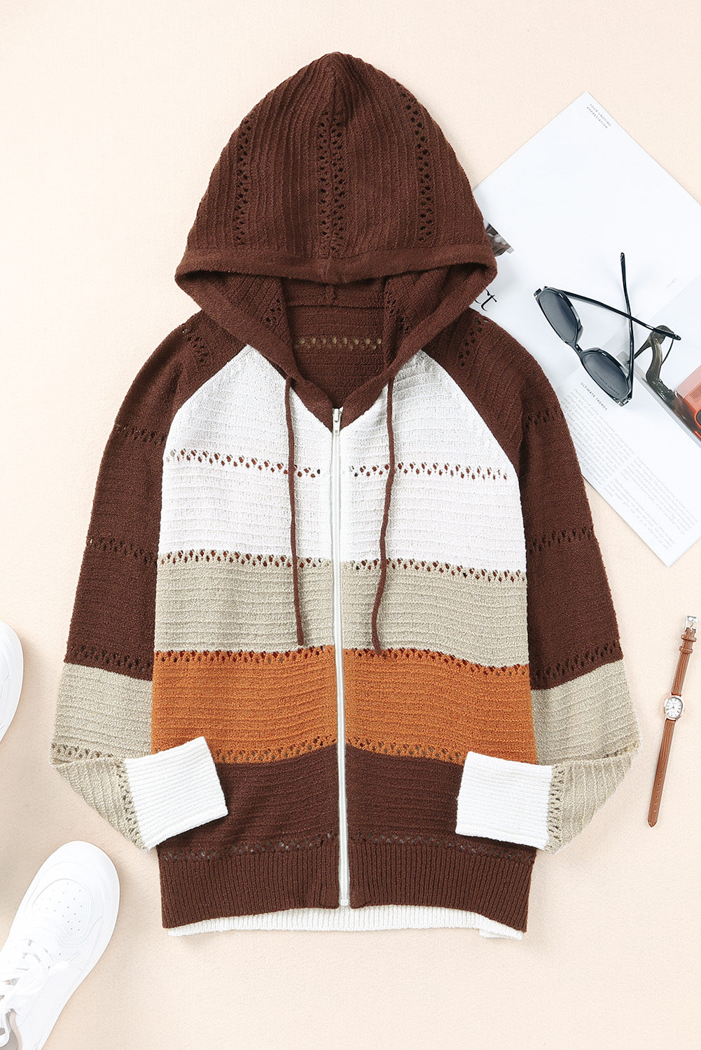 Zip-up hooded cardigan in dark brown with cream and orange striped openwork knit