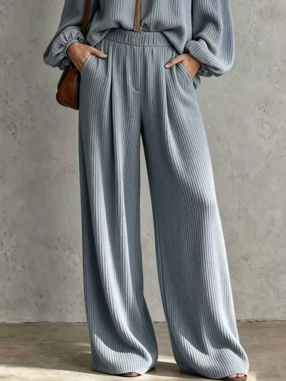 Dusty blue ribbed wide-leg pants set with elastic waistband and soft drape