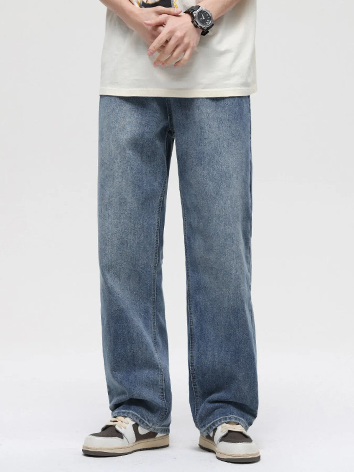 Vintage washed cotton stretch jeans, relaxed straight leg, medium blue denim, belt loops