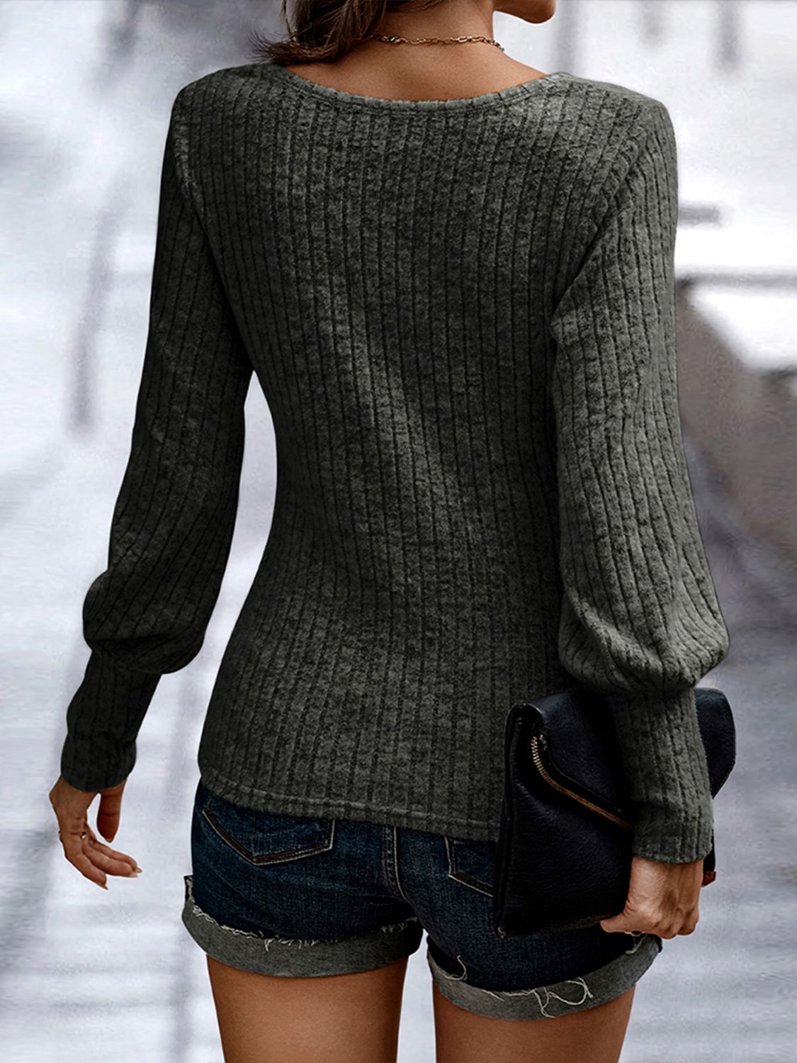 Charcoal ribbed knit long-sleeve blouse with round neckline, back view