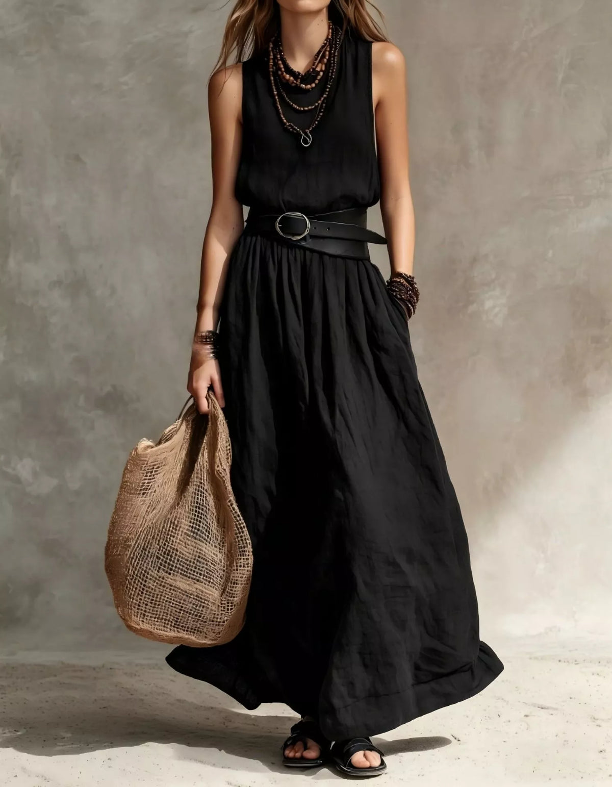 Black belted sleeveless maxi dress with round neckline and gathered flowing skirt