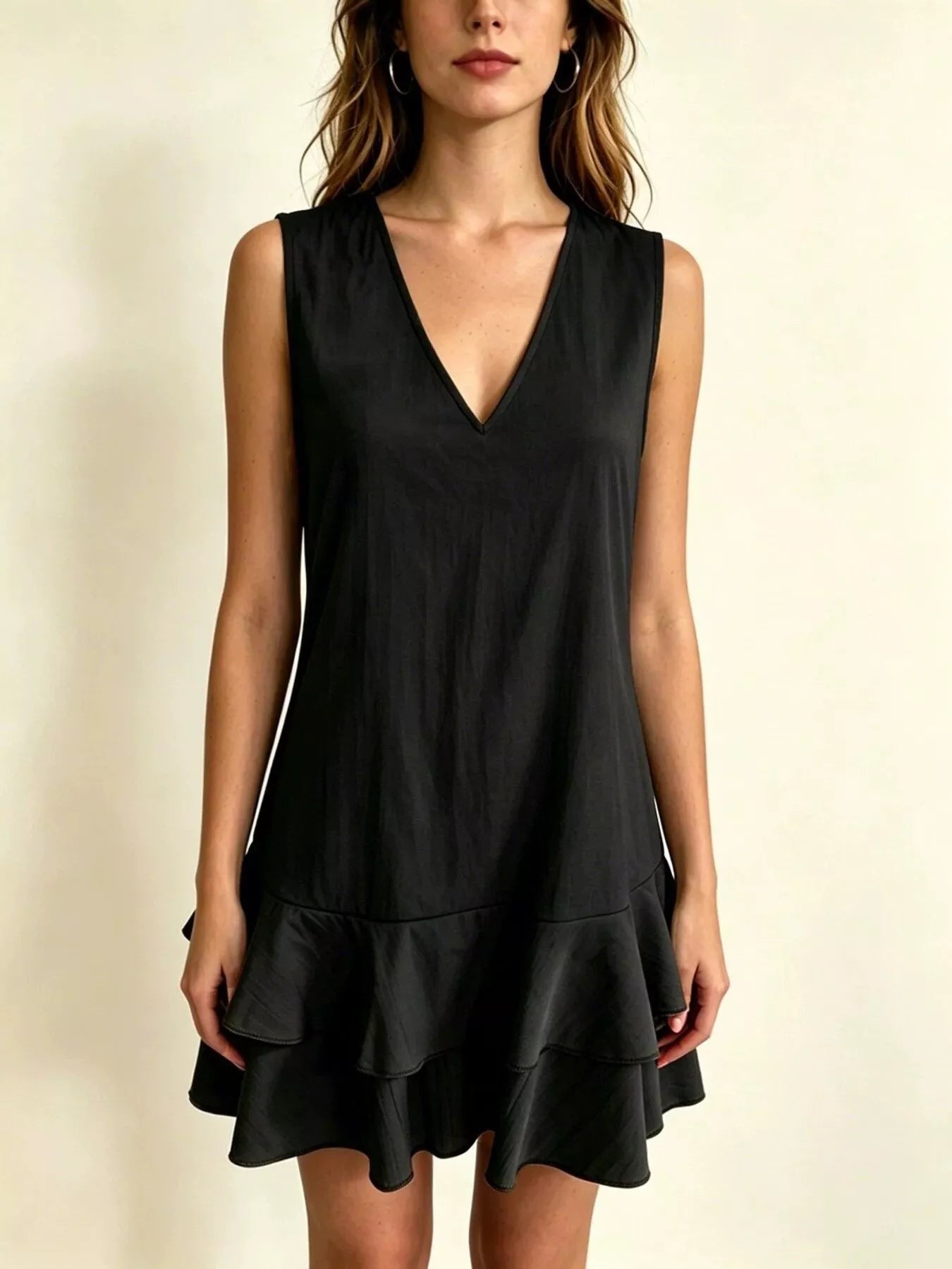 Plus-size sleeveless V-neck tiered ruffle mini dress, black front