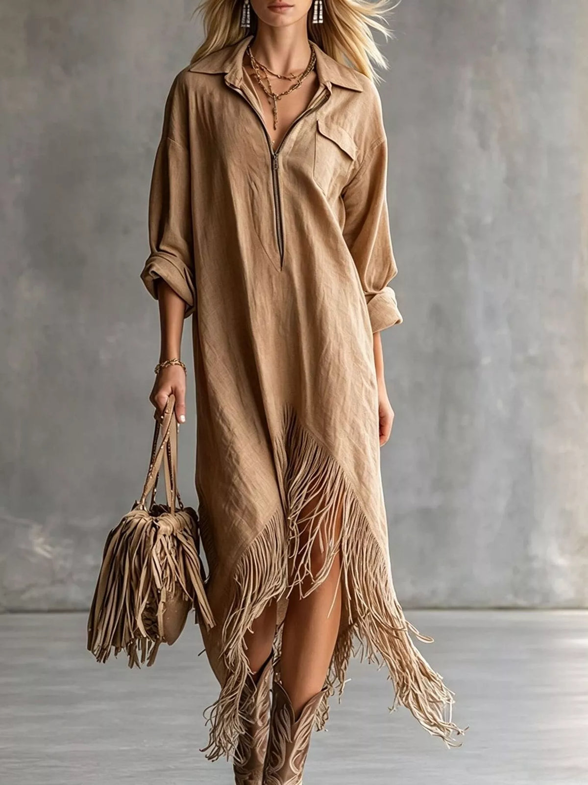 Camel brown midi dress with front zipper, pockets, and fringe hem