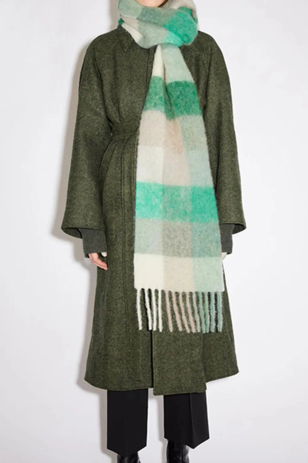 Plaid fringe scarf in green and white check with mint accents