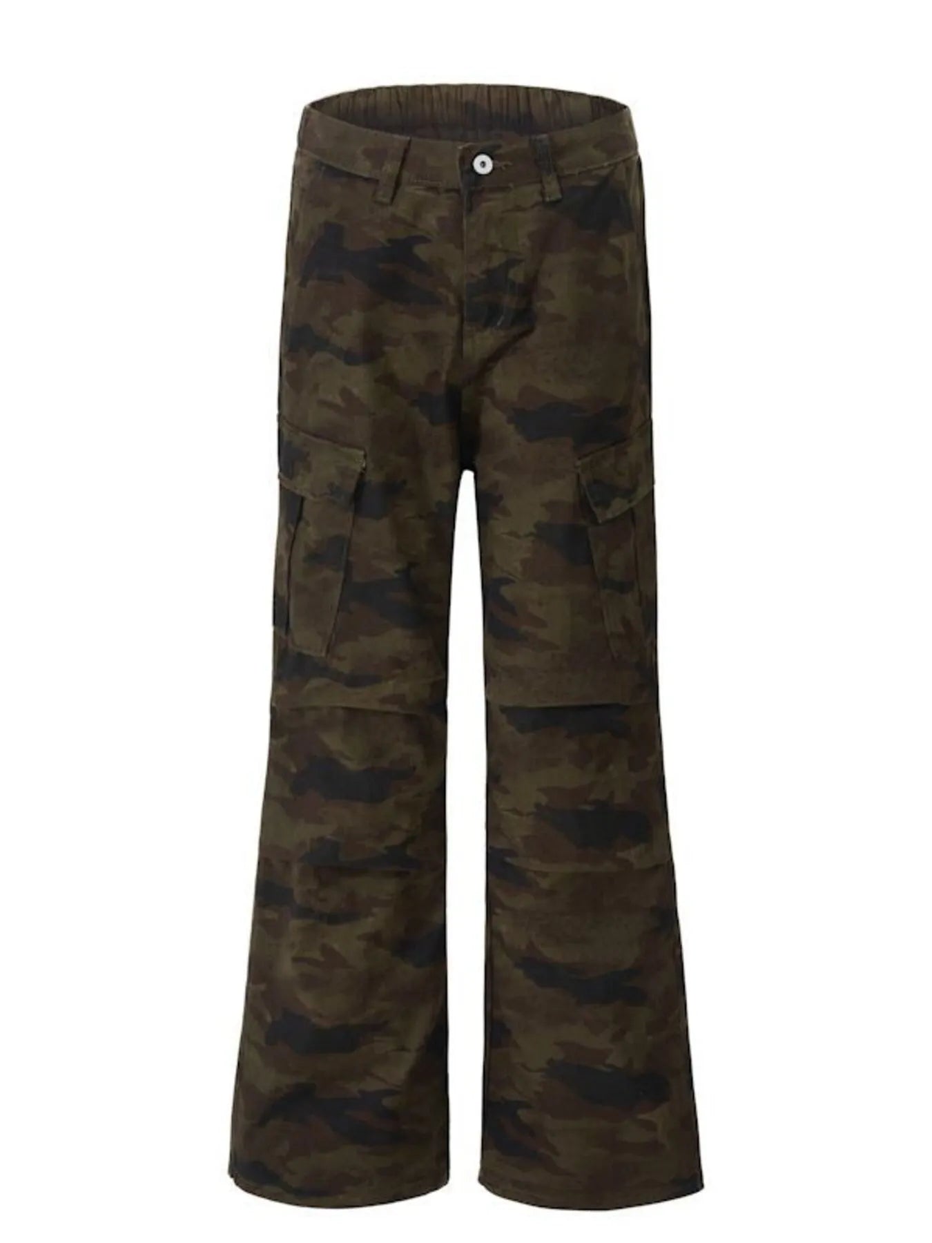 Camouflage wide-leg cargo pants with front fly, elastic waist, and side cargo pockets