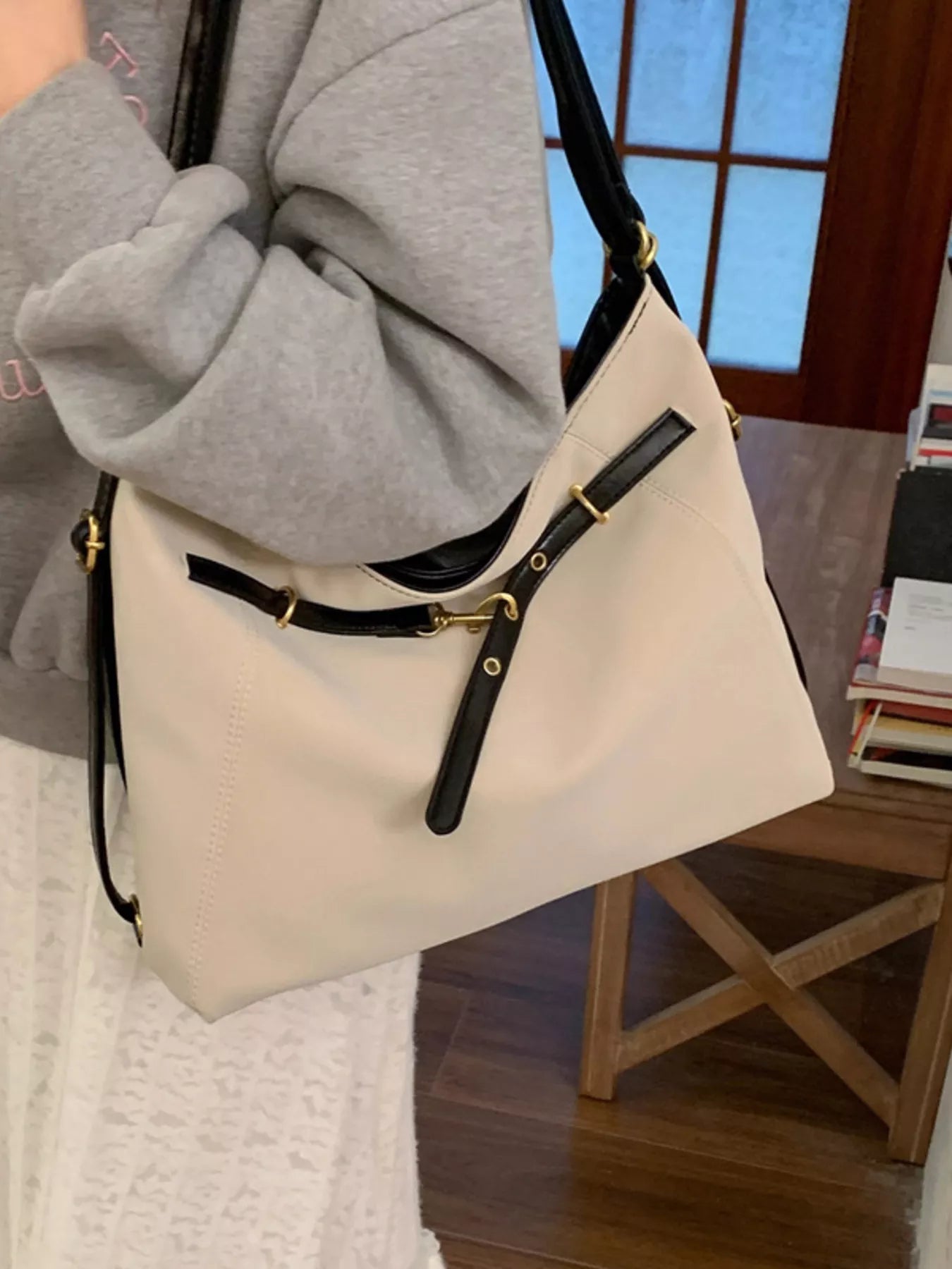 Buckle Decor Shoulder Bag, cream PU with black strap and gold hardware by Trendsi
