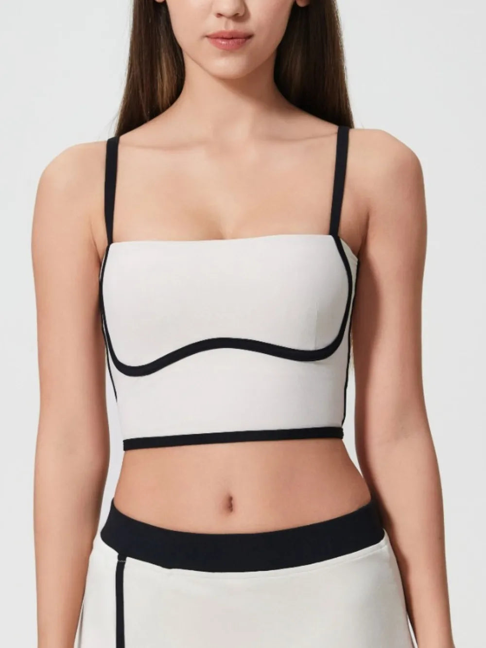 Active cami top, square neck, white with black contrast trim and detachable chest pads
