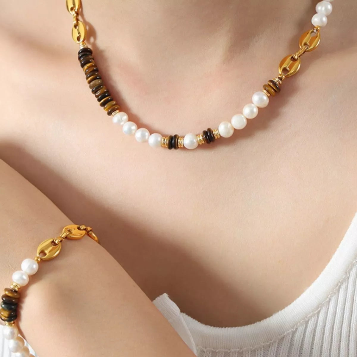Freshwater pearl and tiger eye bead necklace with gold chain links