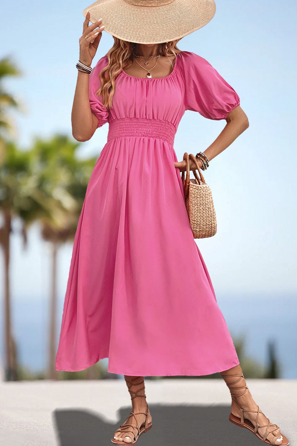 Pink square-neck smocked waist midi dress with puff sleeves, full-length