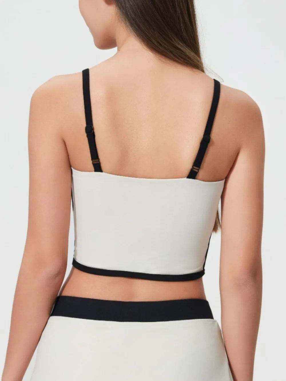 Active cami top back view, white with black contrast trim, detachable chest pads