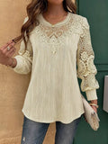 Beige lace patchwork long-sleeve blouse with crochet yoke and buttonless keyhole neckline