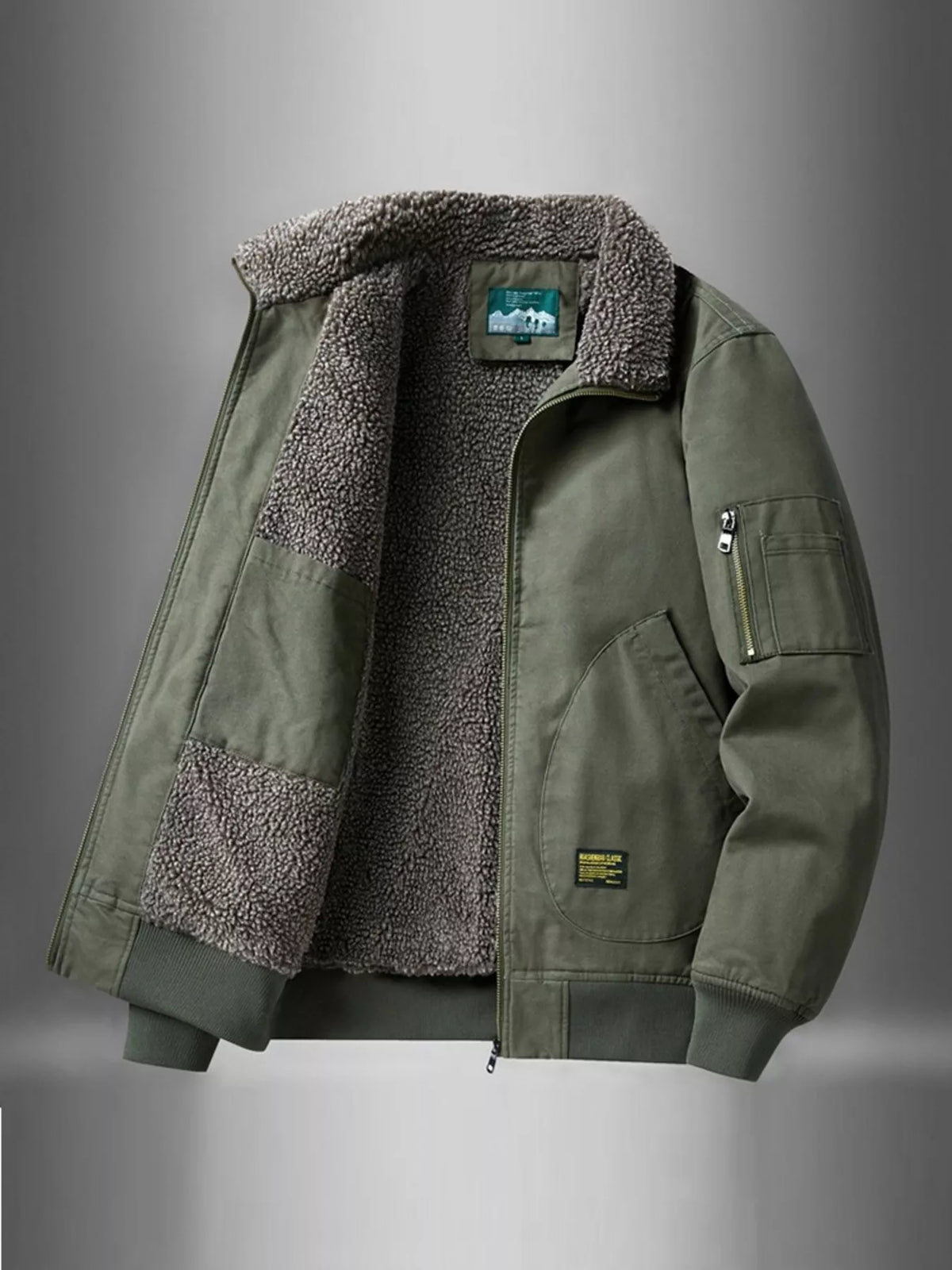Men's thermal zip-up jacket, olive green with sherpa collar and side zip pocket