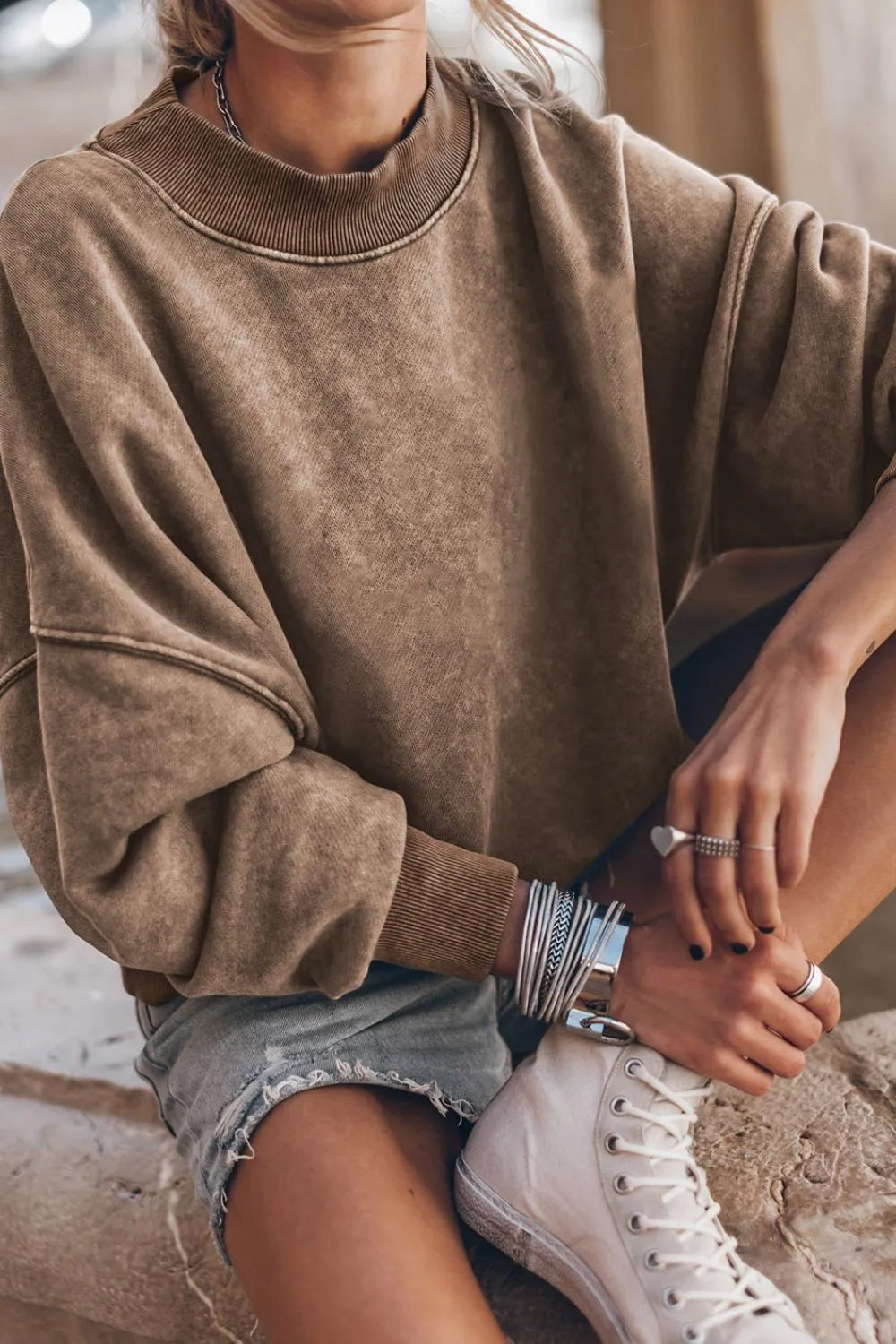 Taupe mock neck dropped-shoulder sweatshirt with ribbed collar and cuffs