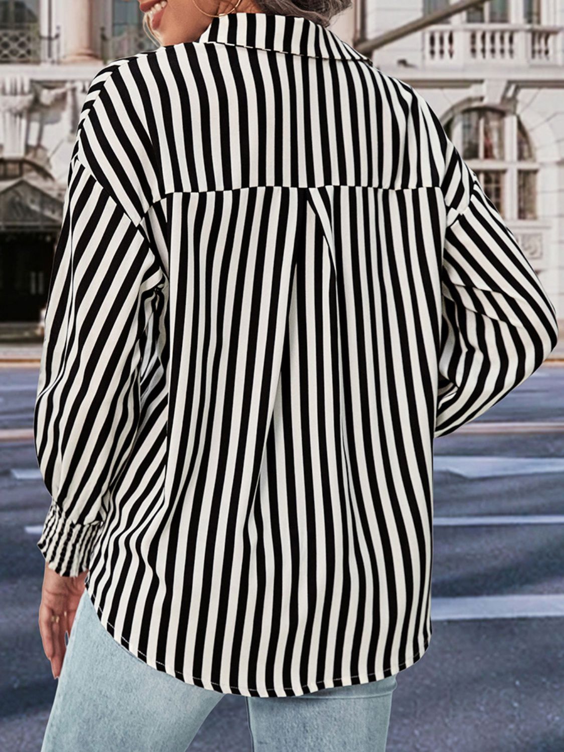 Perfee striped button-up shirt, dropped shoulders and long sleeves, black/white