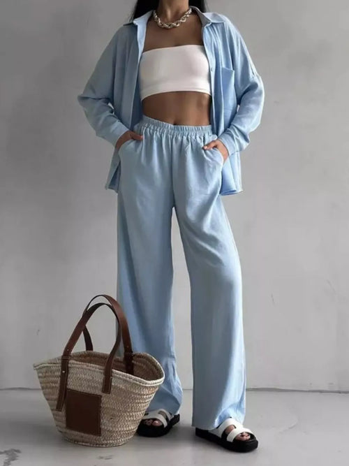 Light blue button-up shirt and elastic-waist wide-leg pants set
