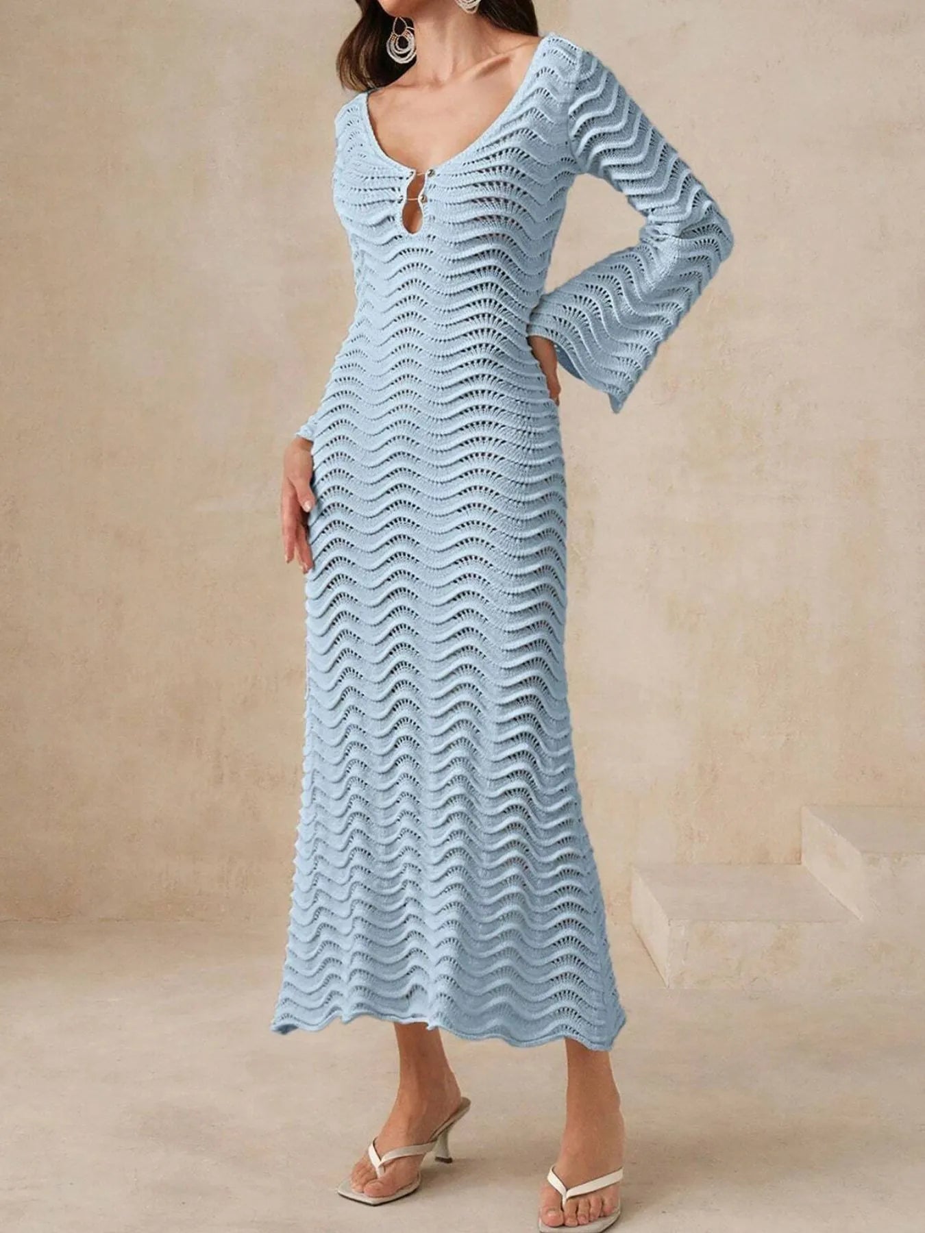 Blue openwork crochet maxi knit dress with button keyhole front and long sleeves