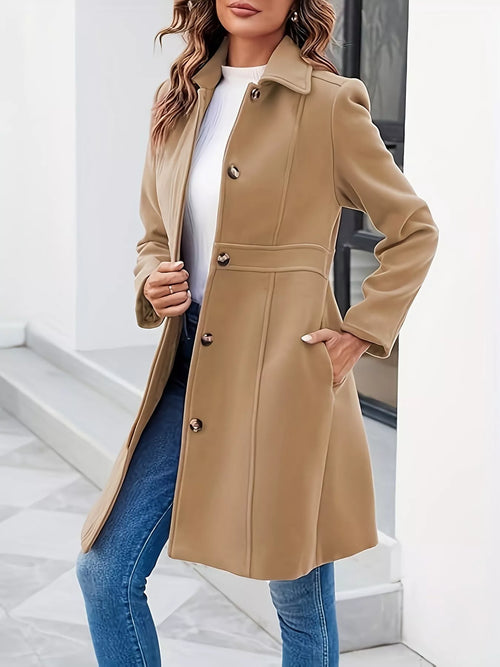 Button-down wool-blend coat in tan with notch collar and front button placket.