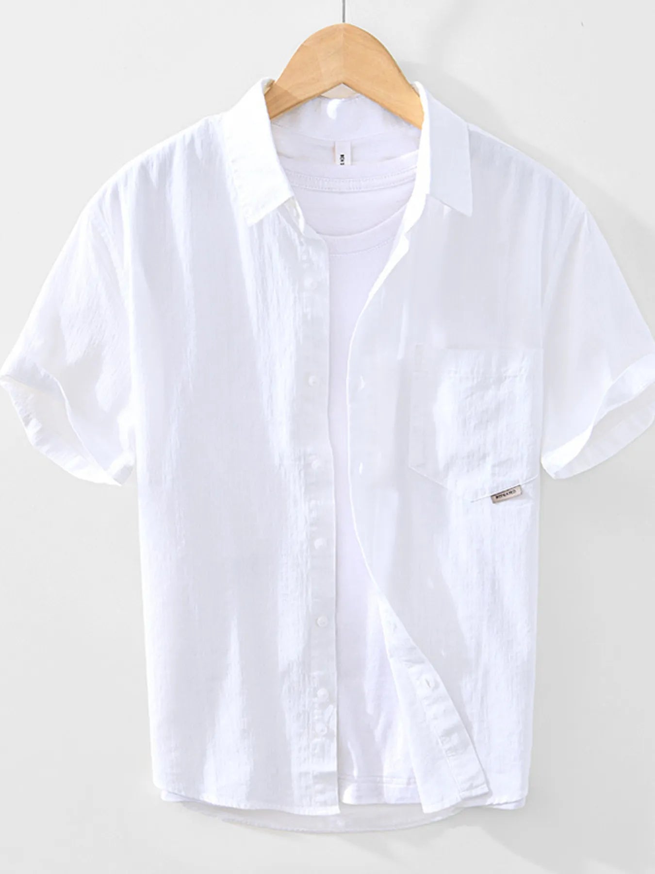 Men's short sleeve button-up shirt, white, with chest pocket and button front