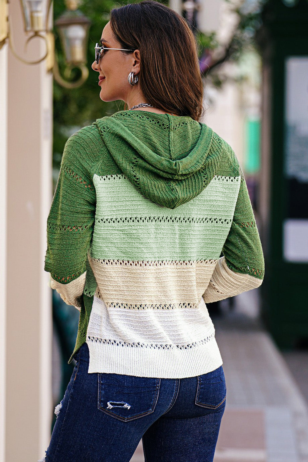 Zip-up hooded cardigan back in green with cream yoke stripe and openwork knit
