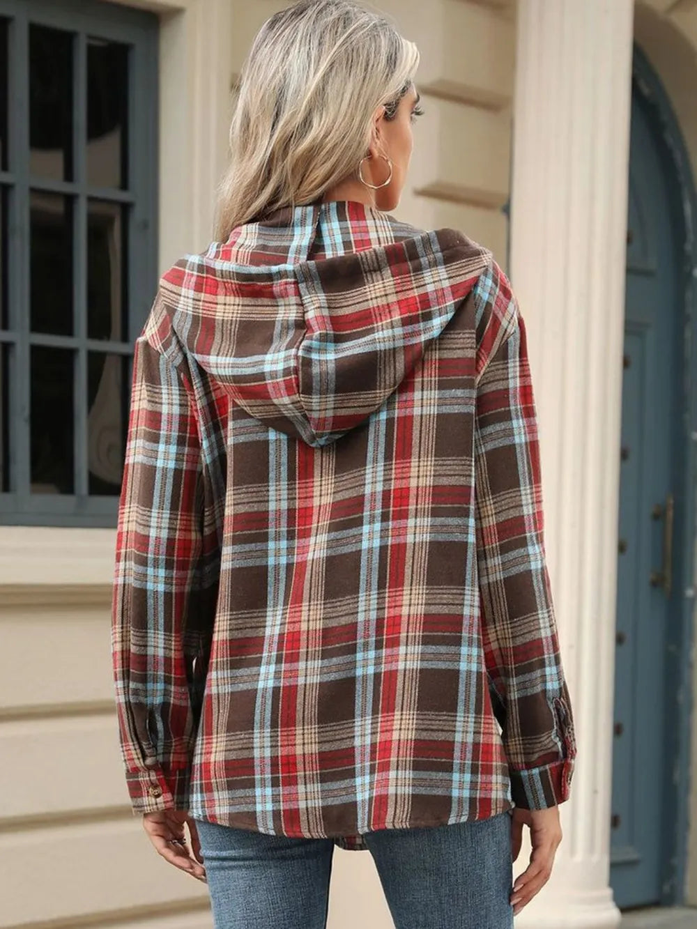 Multicolor plaid hooded long-sleeve top, back view with hood and drawstring