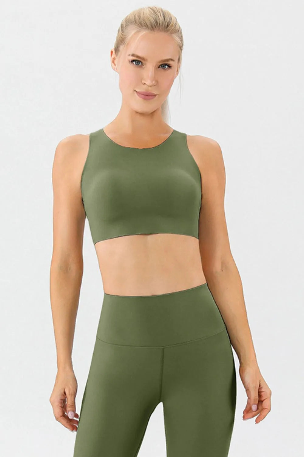 Olive green active bra with round neck and wide straps, cropped front view.