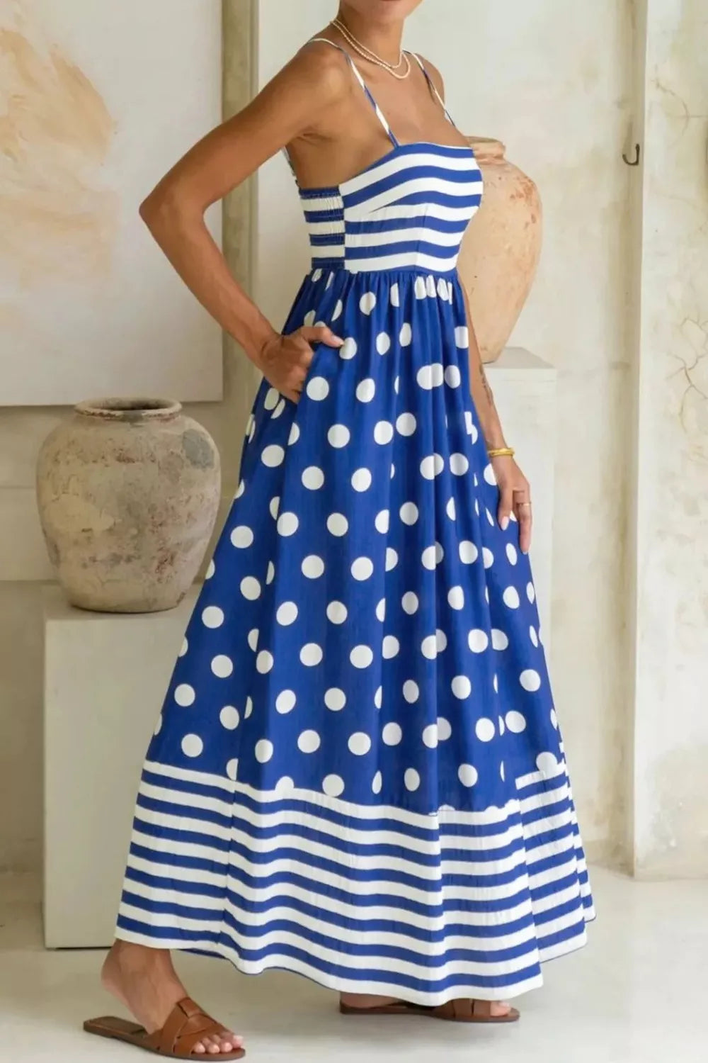 Cedar & Moore Striped polka dot patchwork blue maxi dress with spaghetti straps, high waist, no pockets