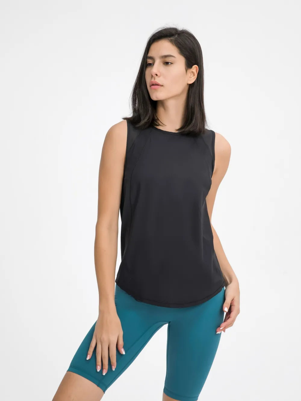 Active tank top with round neck, sleeveless, black, side view