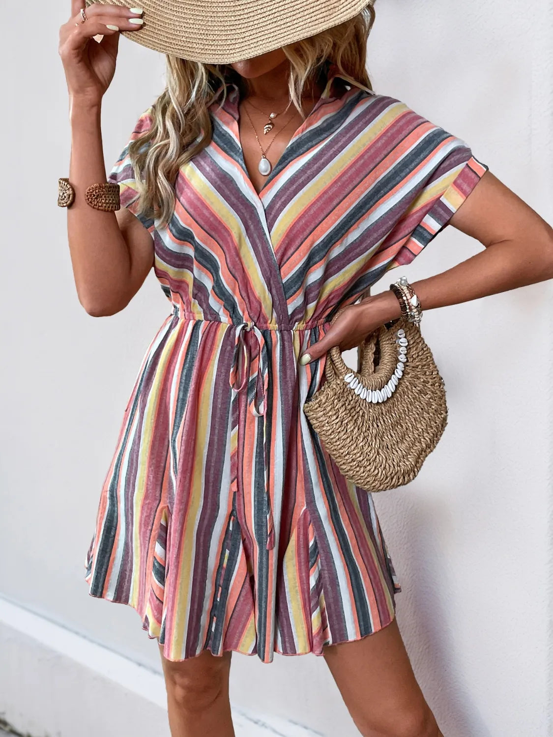 Trendsi striped surplice short-sleeve dress with waist tie, multicolor vertical stripes