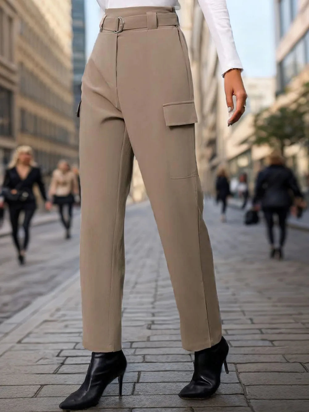 Mocha high-waist straight pants with front hook closure, belt loops, and cargo side pockets