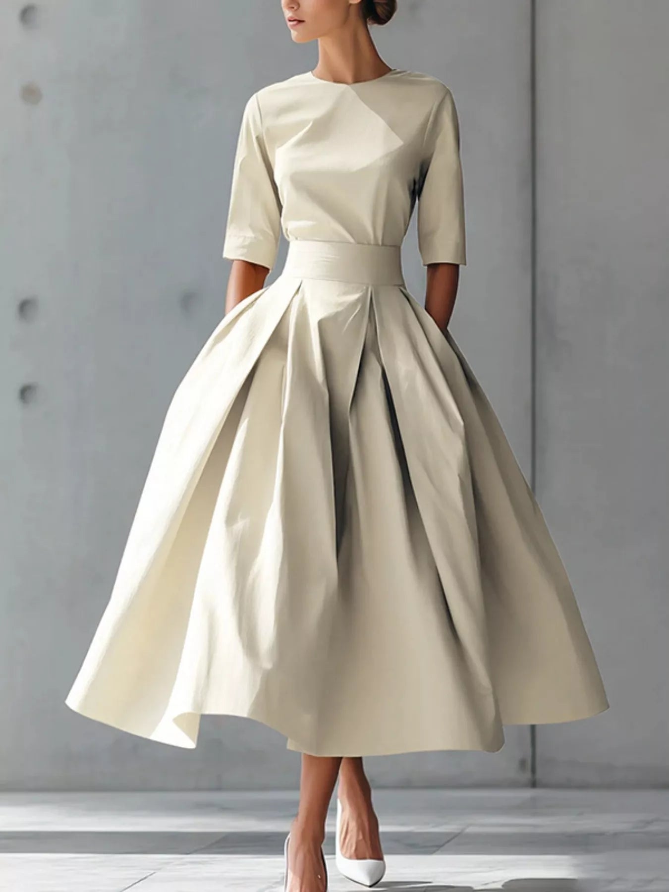 White round-neck A-line midi dress with short sleeves and pleated full skirt