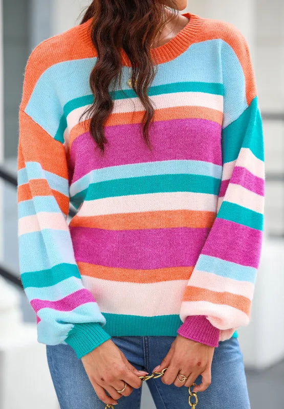 Multicolor striped round-neck sweater with long cuffed sleeves and relaxed drop-shoulder fit.