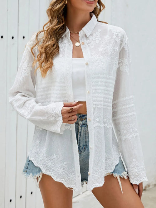 White lace button-down collared long-sleeve shirt, buttoned front and textured yoke
