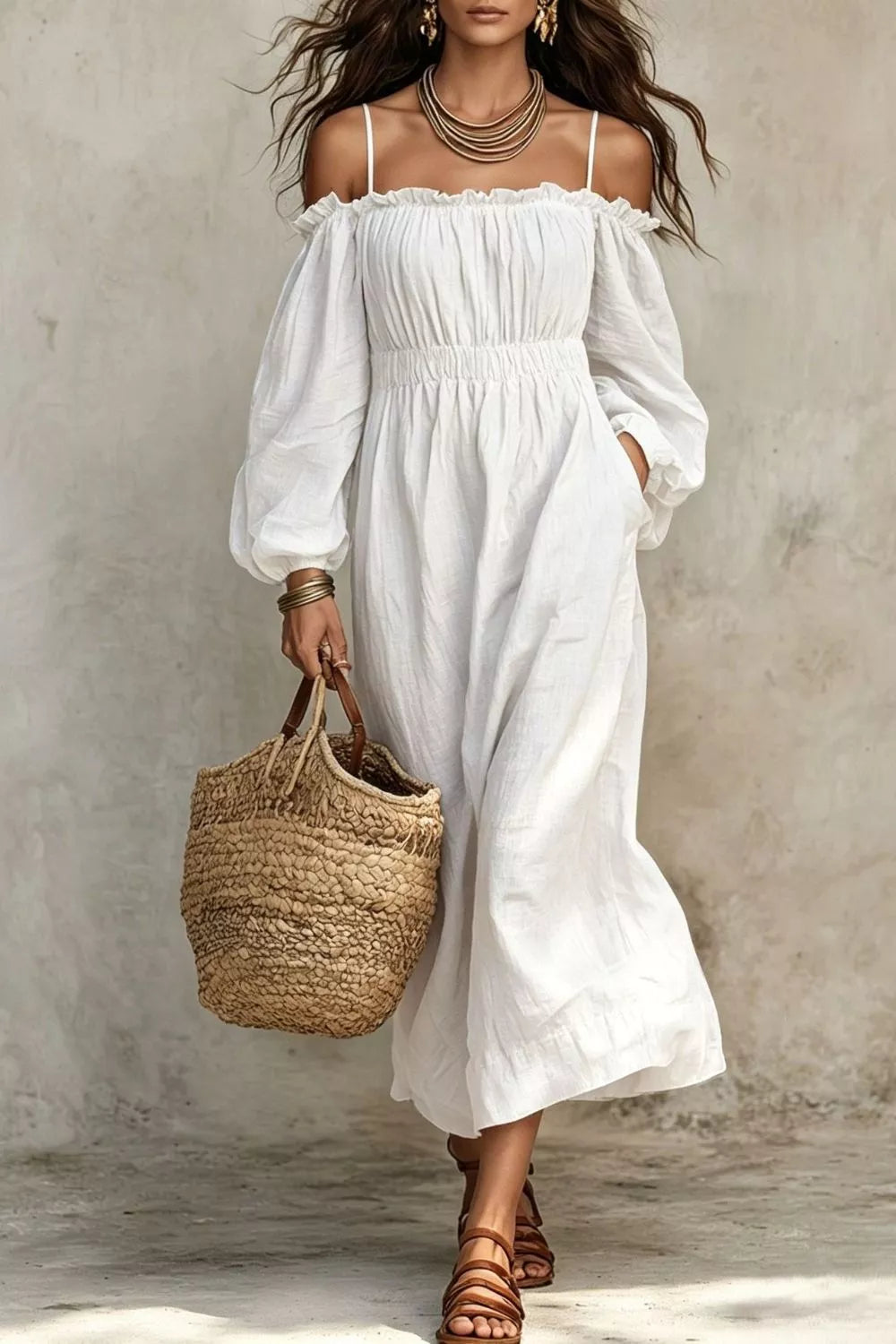 White spaghetti strap balloon sleeve dress with smocked bodice and gathered off-shoulder neckline