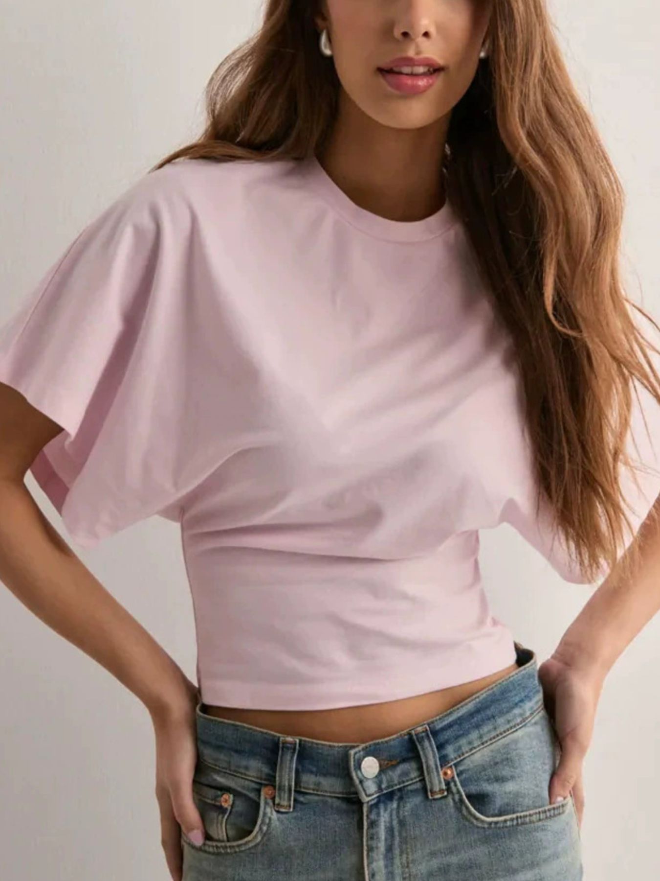 Cedar & Moore Batwing Sleeve Fitted Waist T-Shirt, light pink, Trendsi top