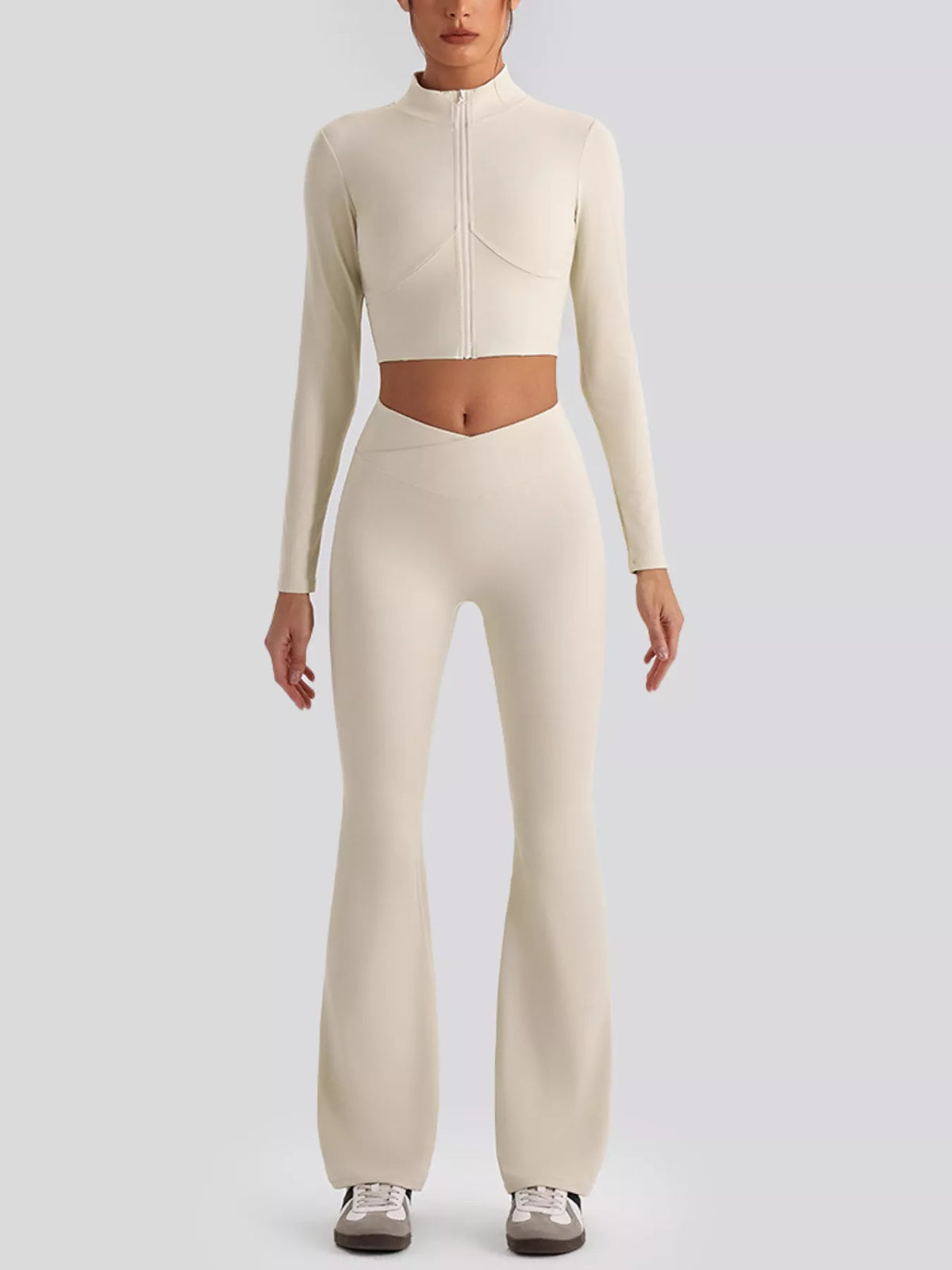 Seamless V-neck tank and flared leggings set, cream color